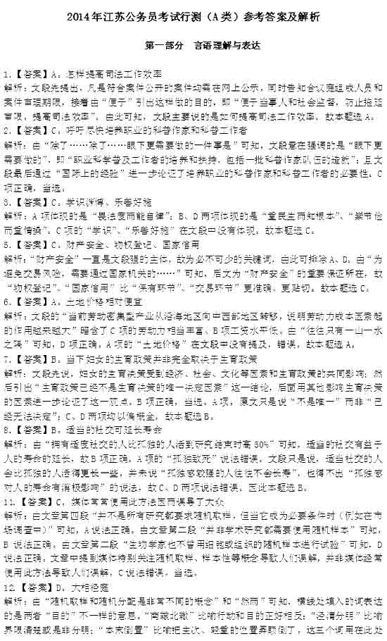 2014年江蘇省公務(wù)員考試行測(cè)答案